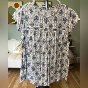 LOFT Cream Tunic Top with Teal and Tan Floral Motif